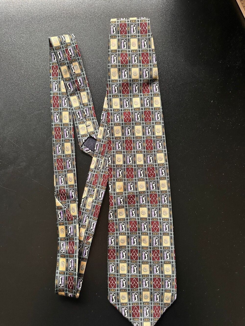 PGA TOUR Men's 100% Silk Golf Necktie Burgundy Gold Black Geometric Print